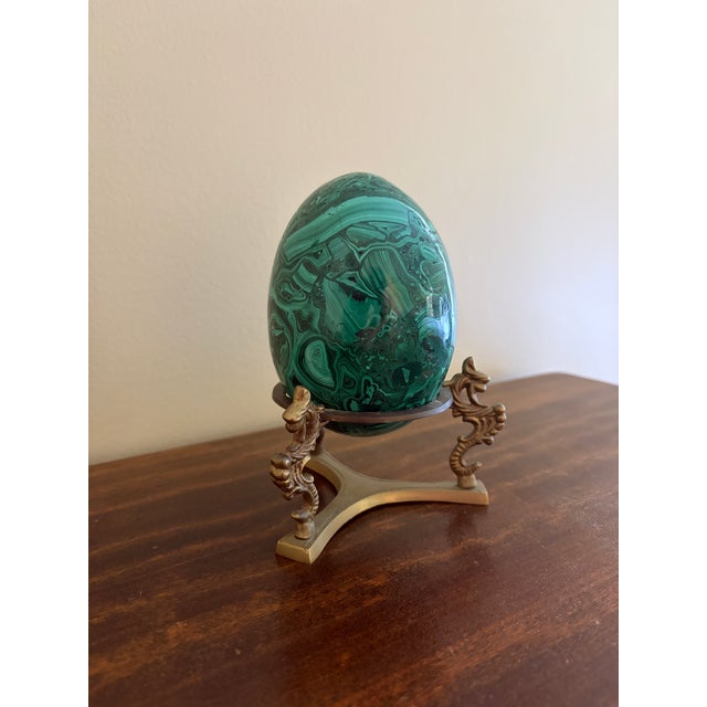 Contemporary Large Solid Malachite Egg on Neoclassical Brass Stand For Sale - Image 3 of 10