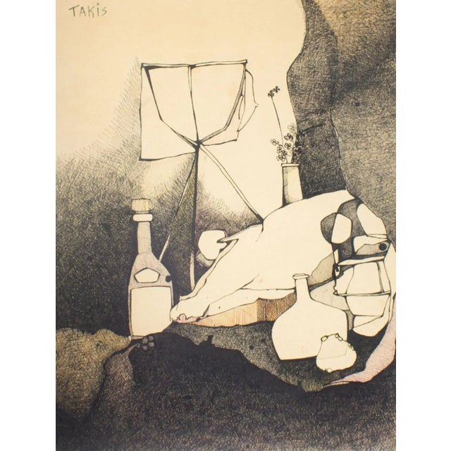 An abstract drawing by the American artist Nicholas Takis (1903-1965). This abstract work depicts a still life with...