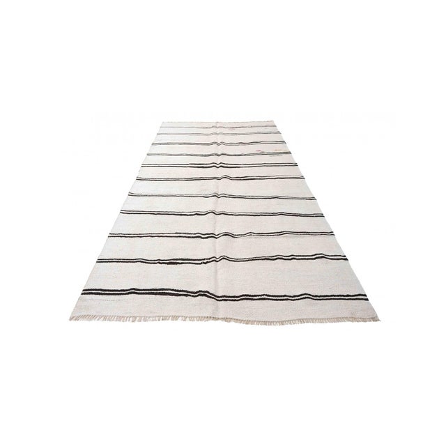 Mid-Century Modern White Black Striped Hemp Kilim Rug - 5`7" X 11`2" For Sale - Image 3 of 6