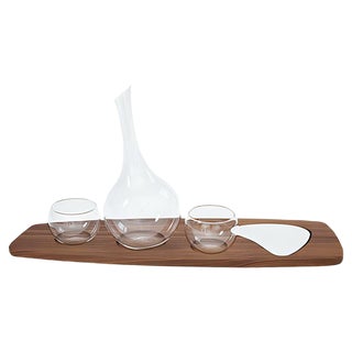 Pok Collection Carafe and Set of Glasses on a Walnut Wooden Appetizer Tray by Soshiro, 2019, Set of 5 For Sale