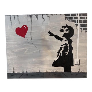 Street Art Banksy Inspired Street-Art Style Canvas – Girl Reaching for Red Heart Balloon - Signed a.r. For Sale