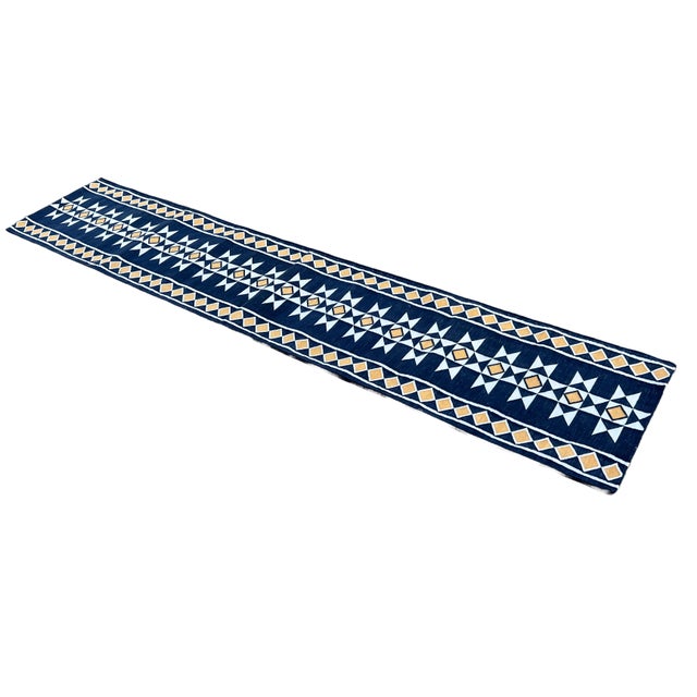 Mid-Century Modern Handmade Cotton Navy Blue Geometric Runner Rug, Vegetable Dyed Dhurrie Runner -3'x16' For Sale - Image 3 of 11