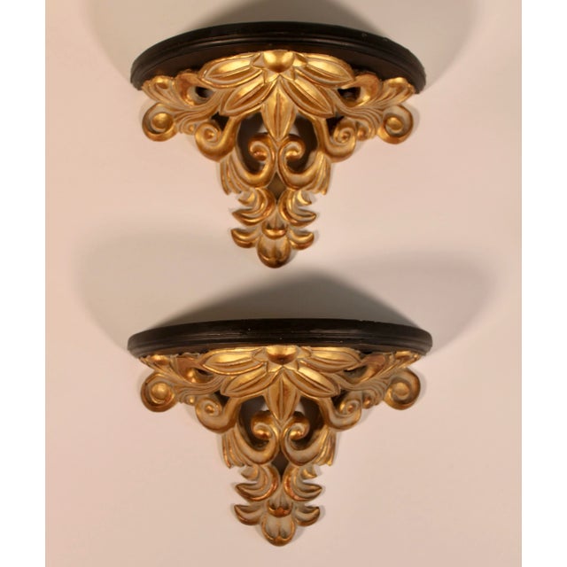 1970s Vintage Art Nouveau French Gold and Black Wooden Wall Shelves - A Pair For Sale - Image 5 of 7