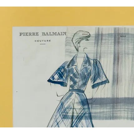 Elegant c1970s watercolour from the Paris atelier of Pierre Balmain replete with attached couture plaid fabric swatch!~...