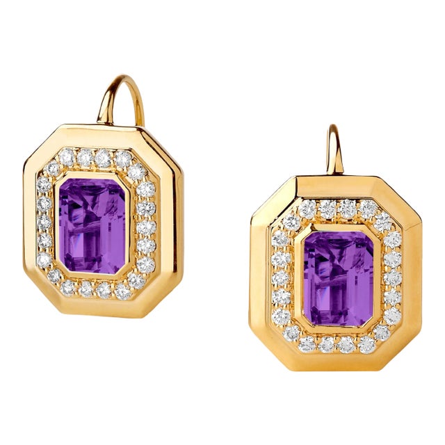 Syna Yellow Gold Geometrix Earrings with Amethyst and Diamonds, a Pair For Sale