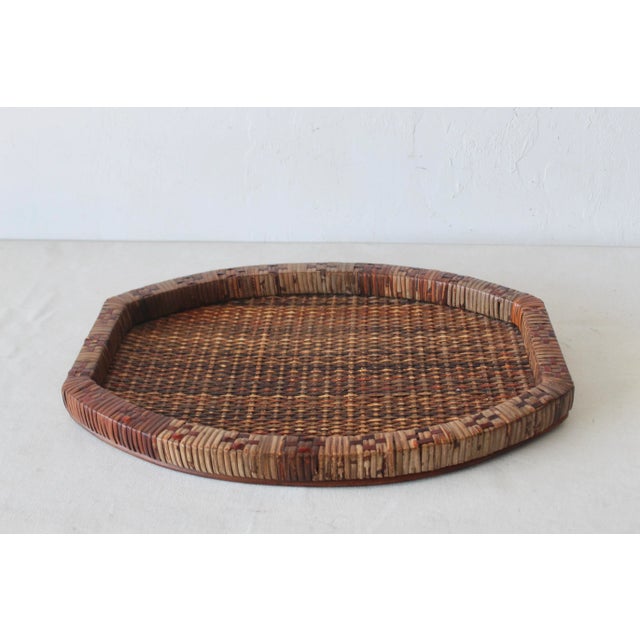 Mid-Century Woven Wicker Rattan Wood Oval Serving Tray Vintage For Sale - Image 4 of 9