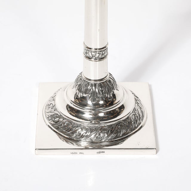 This elegant Pair of Sterling Silver Corinthian Column &amp; Acanthus Sabbath Candlesticks by Ludwig Nast originated in...