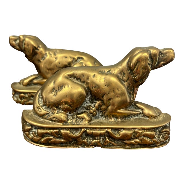 English Brass Dog Fireplace Ornaments or Bookends For Sale