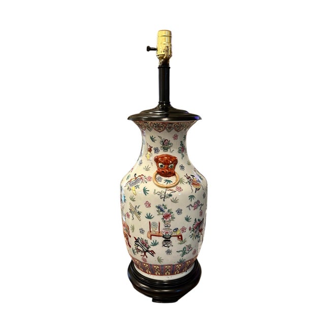 Vintage 20th Century Chinoiserie / Chinese Export Famille Rose Ginger Jar / Vase Lamp With Foo Dog Handles For Sale In Dallas - Image 6 of 11