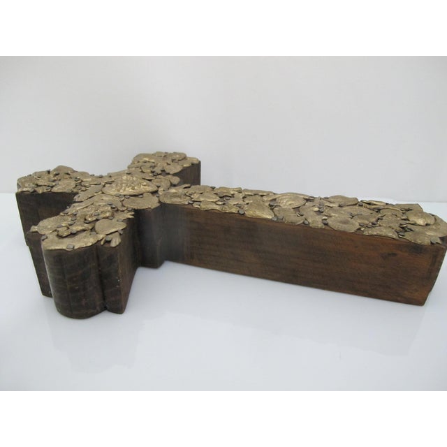 Mexican Folk Art Milagros Wood Cross Nailed Metal Brass Charm Wall Hanging For Sale In Portland, OR - Image 6 of 9