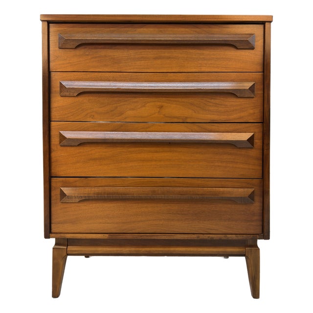 Vintage MCM Four Drawer Walnut Highboy Dresser For Sale