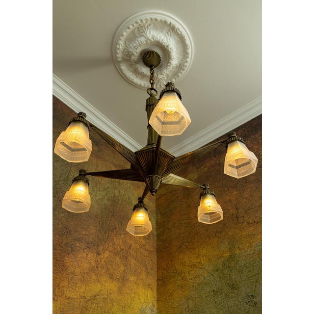 Art Deco French Bronze and Frosted White Glass Six-Light Chandelier, 1920 For Sale - Image 4 of 18