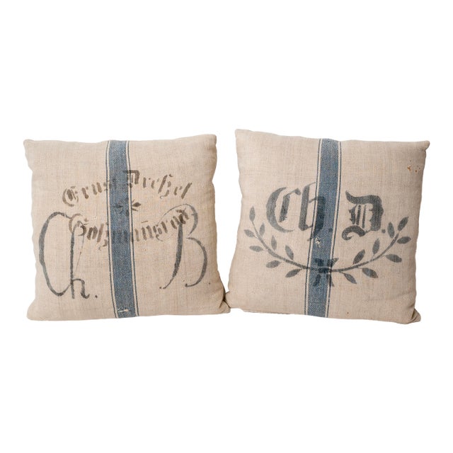 Pair of Antique European Linen Grain Sack Pillows For Sale