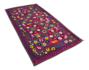 Vintage Pink Suzani Wall Hanging - Multicolor Bedspread - 4.9' x 8.4'