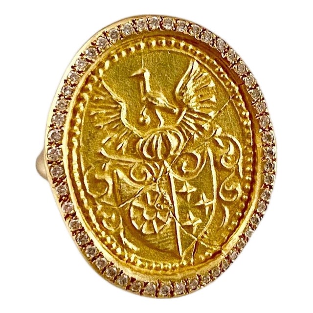18k Gold Vintage Wax Seal Ring With Diamonds : Phoenix Rising , Size 8 For Sale
