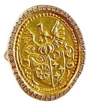 18k Gold Vintage Wax Seal Ring With Diamonds : Phoenix Rising , Size 8