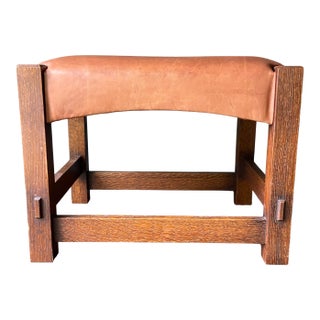 1990s Warren Hile Studio Mission Oak Leather Ottoman or Bench For Sale