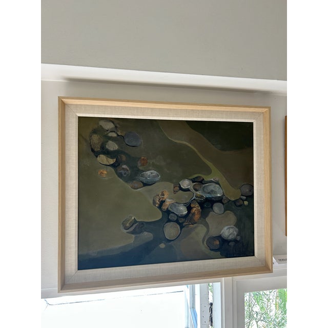 Vintage oil and acrylic abstract painting presented on a beveled linen mat and housed in a clean-lined maple frame. The...