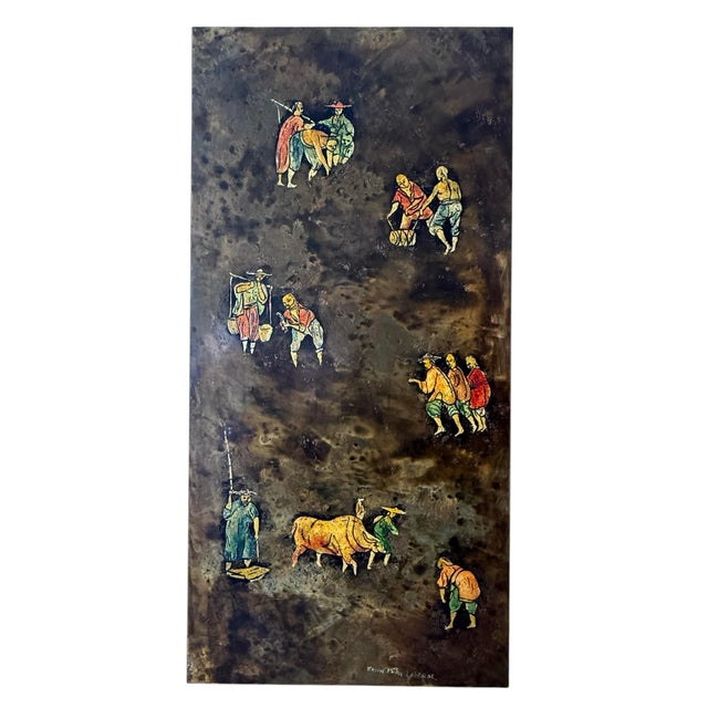 Philip and Kelvin LaVerne "Chinese Peasants" wall panel. Acid-etched, enameled and patinated brass over pewter and wood....