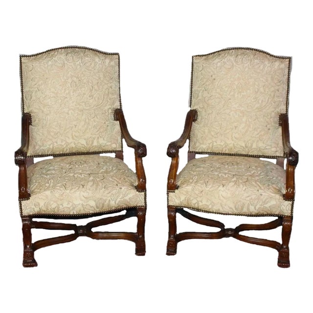 Antique French Louis XIV Style Nail Head Upholstered Arm Chairs - Set of 2 For Sale