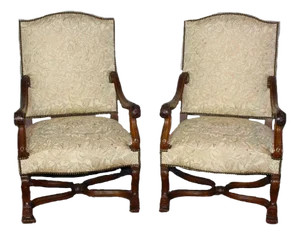 Antique French Louis XIV Style Nail Head Upholstered Arm Chairs - Set of 2