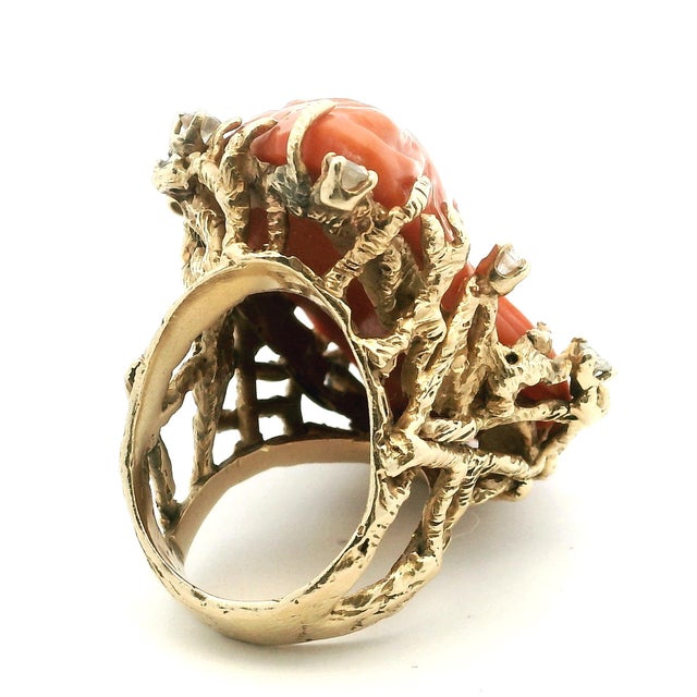 Italian Carved Red Coral Diamond 14k Gold Statement Ring, Circa 1970s, Size 6.25 For Sale - Image 4 of 13