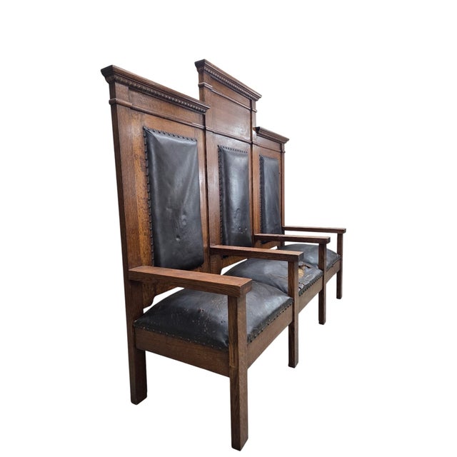 Early 20th Century Antique Mission Revival Oak Triple Hall Bench – For Reupholstery For Sale - Image 5 of 8