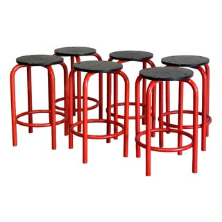 Set of 6 Red Plywood Bar Stools With Metal Frames Mid-Century Modern For Sale