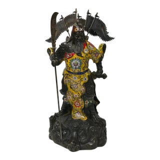 Vintage Cloisonne Yellow Enamel General Guan Yu Warrior Metal Statue For Sale