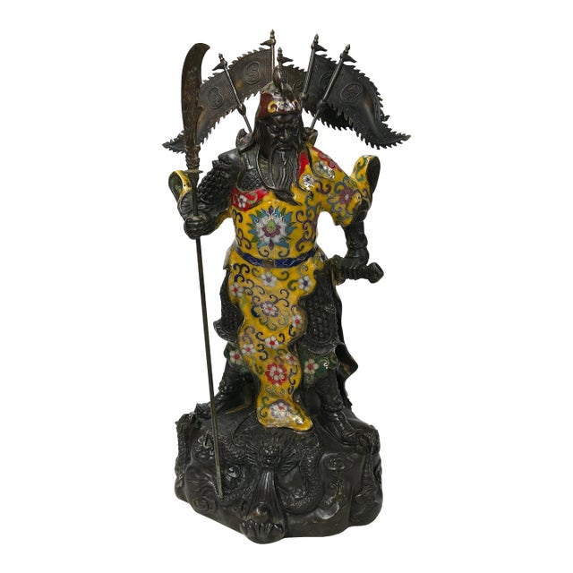 Vintage Cloisonne Yellow Enamel General Guan Yu Warrior Metal Statue For Sale