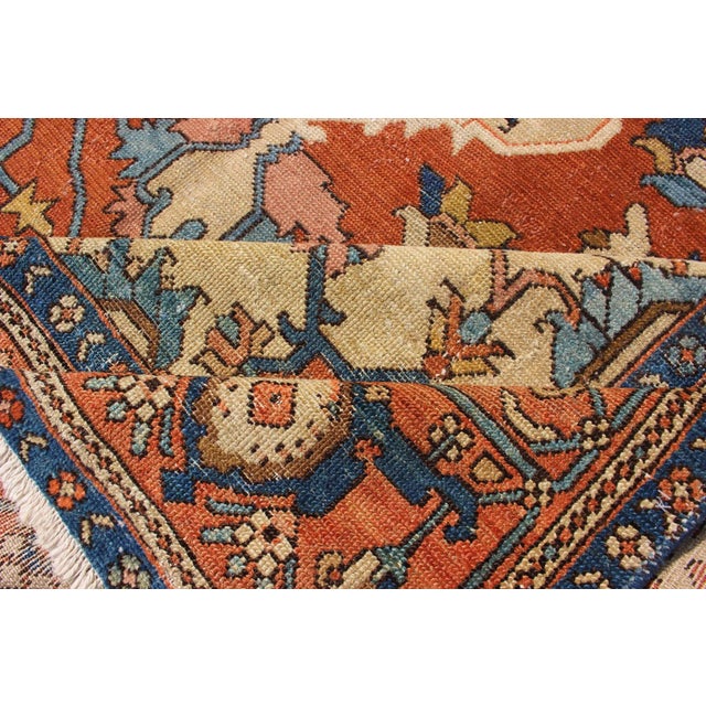 Antique Persian Serapi Rug in Geometric Medallion Design With Orange & Blue 8'2 X 11'3 For Sale - Image 15 of 16