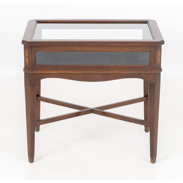 Regency Style Mahogany Display Table, with parquetry inlay details and glass paneled lift top opening to blue velvet lined...