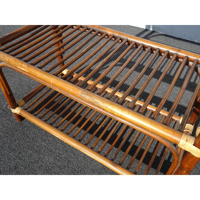 Vintage Three Tier Coastal Bamboo Rattan Stand Golden Brown Side Table Bookcase For Sale - Image 13 of 15