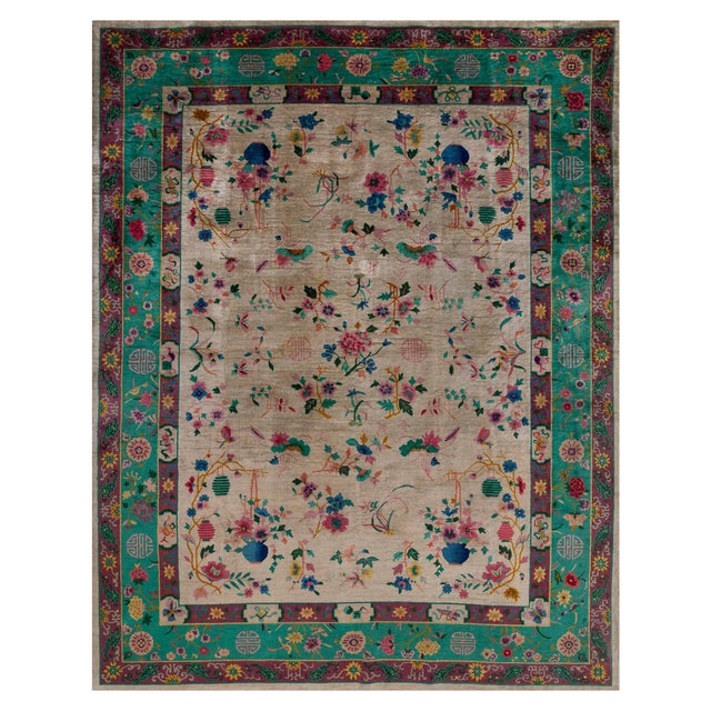 1920s Ivory Green Floral Modern Antique Chinese Art Deco Rug 9'2" X 11'7" Handknotted Wool Carpet For Sale - Image 13 of 15