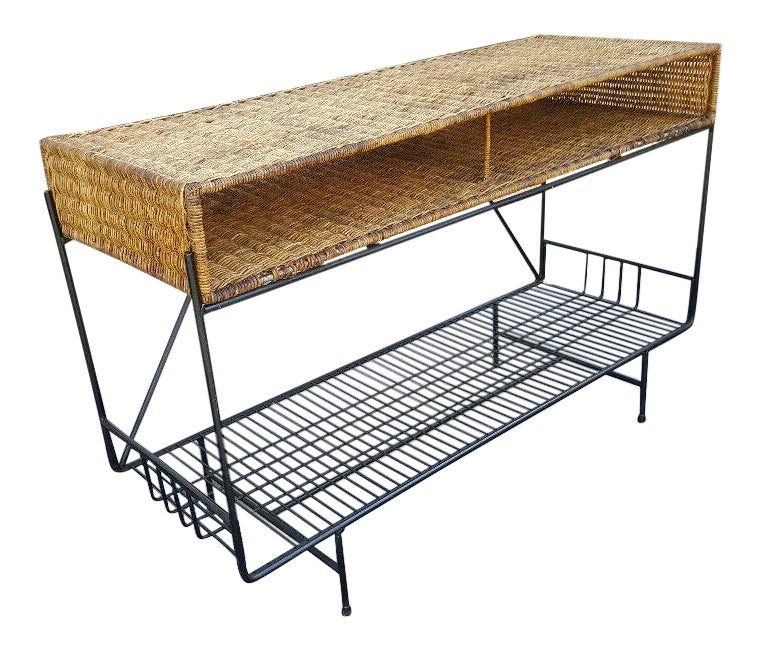 1950s Arthur Umanoff Wicker & Rod Iron Console | Chairish