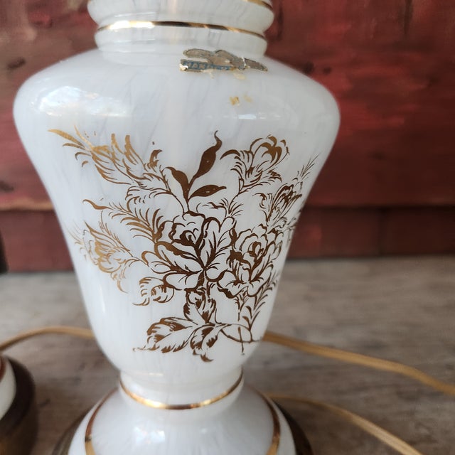 Vintage French Pair of Handcrafted White & Gold Floral Design Table Lamps 13" Tall For Sale - Image 11 of 18