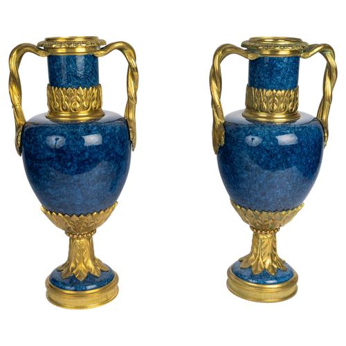 Louis XVI Blue Ceramic and Gilded Bronze Vases, Set of 2 For Sale - Image 9 of 9