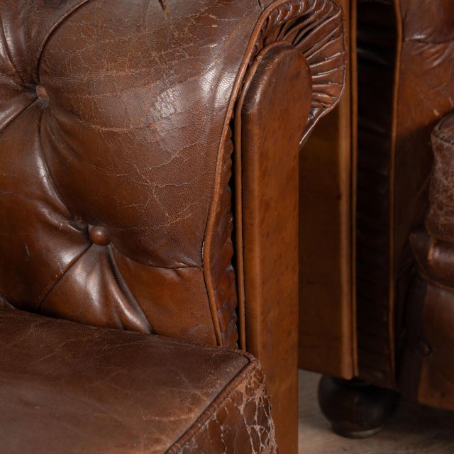 Set of Three Vintage Brown Leather Chesterfield Seating Group With Sofa and Pair of Club Chairs For Sale - Image 14 of 18