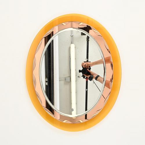Italian Oval Orange and Pink Beveled Mirror attributed to Antonio Lupi for Cristal Luxor, 1960s For Sale - Image 6 of 18