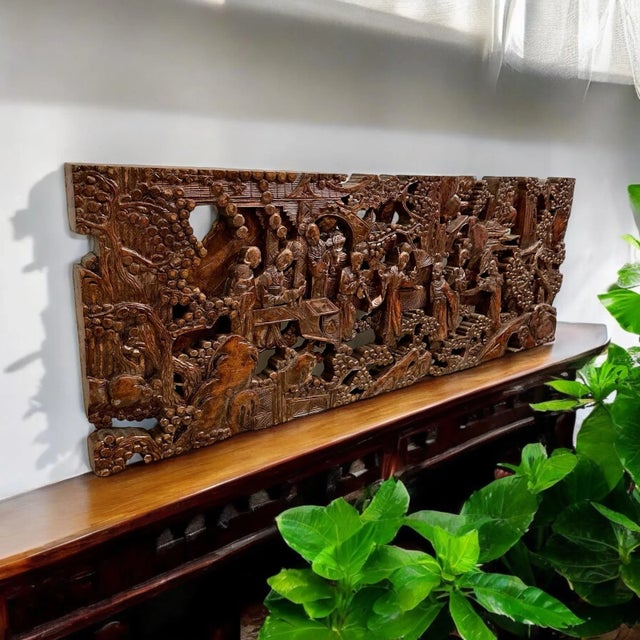 Antique Asian Hand-Carved Wall Art Wood Sculpture Fine Art Scenes For Sale - Image 4 of 12