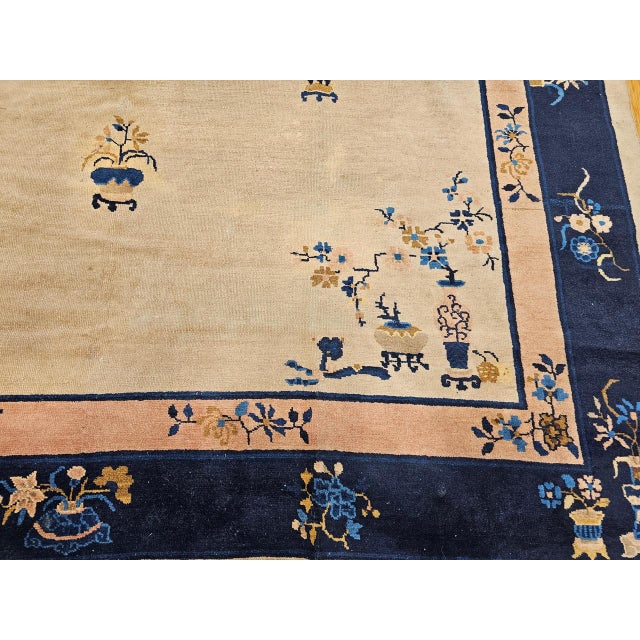 Late 19th Century Antique Chinese Peking Rug, Hand-Knotted Wool Pile, Pale Tan & Blue, 9' x 12' For Sale - Image 5 of 18