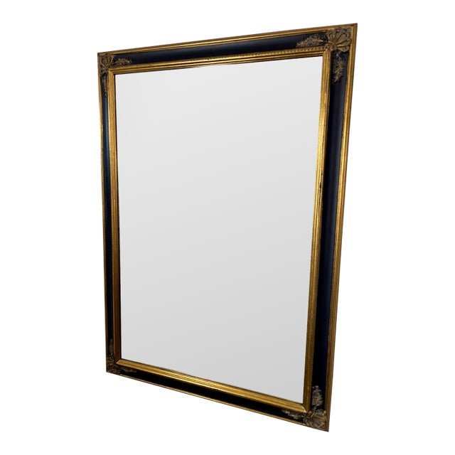 Mid-Century Regency Style Gilt and Black Beveled Mirror For Sale