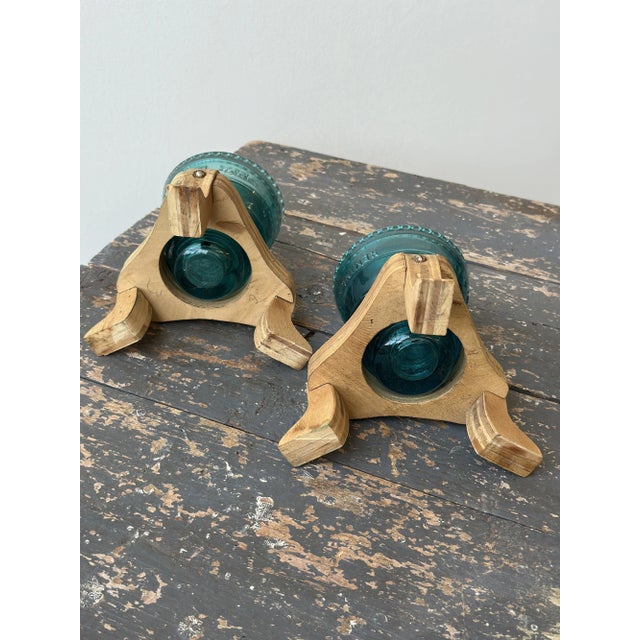 Vintage Make-Do Hemingray Glass Insulator Candleholders With Laminated Wood Bases, a Pair, Circa Mid 20th Century For Sale - Image 18 of 18