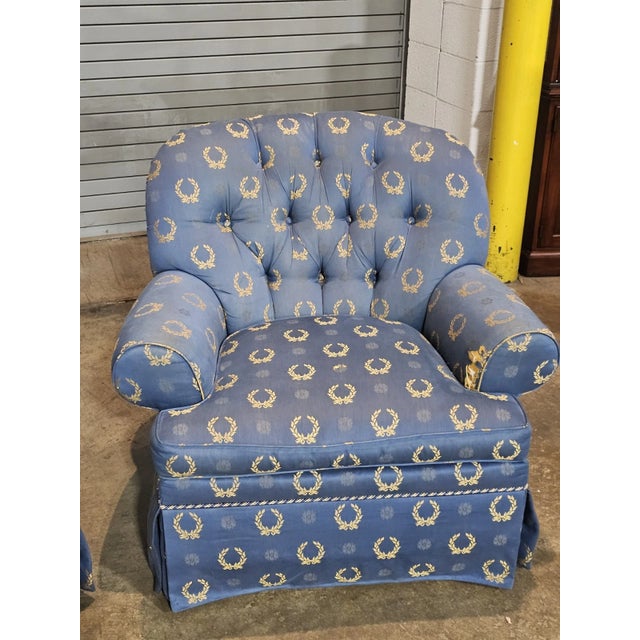 Late 20th Century Pair of Charles Stewart Club Chairs Prussian Blue Napoleonic Tufted Fabric For Sale In Cleveland - Image 6 of 12