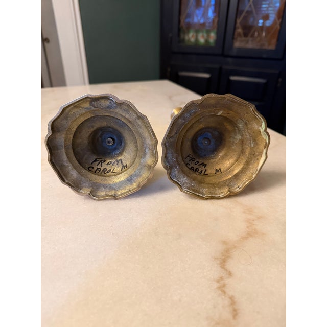 Metal Vintage Solid Brass Taper Candlesticks 9.25” Tall - 4” Scalloped Bases - Pair For Sale - Image 7 of 11