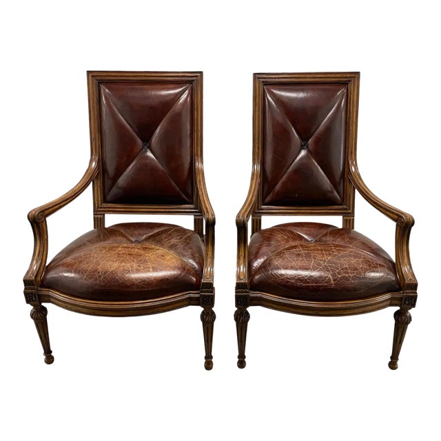 Priced Each! 18th C Style Hendrix Allardyce Tufted Leather Giltwood Arm Chair. This listing is for one chair but we...