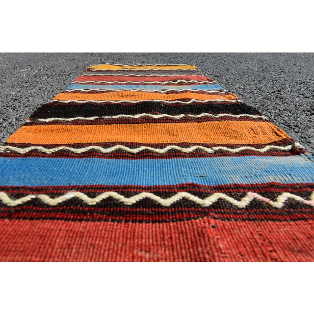 Textile 1970s Turkish Vintage Hand Knotted Stripe Desing Wool Kilim Runner Rug For Sale - Image 7 of 11
