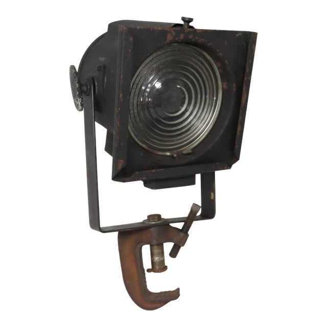 Authentic Vintage Mid Century Steel & Molded Glass Lens Theatre Stage Spotlight Lamp For Sale
