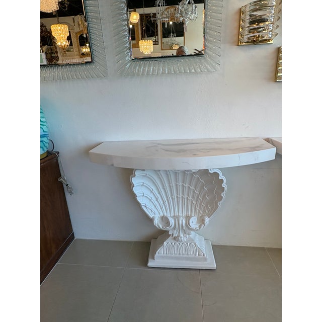 Grosfeld House Seashell Shell Scalloped Pair Demi Lune Wall Console Table Marble For Sale - Image 13 of 18
