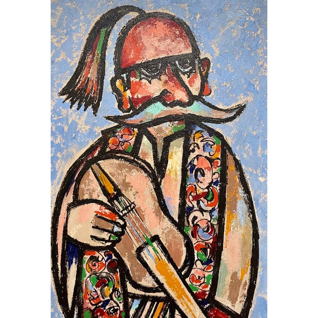 Jovan Obican, Large Naive European Folk Art Oil Painting Jovan Obican Klezmer Jazz Musician, c.1960's For Sale - Image 4 of 8